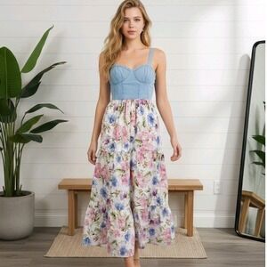 Band of the Free Denim Top Floral Tiered Midi Dress Size S Smocked Back Chambray